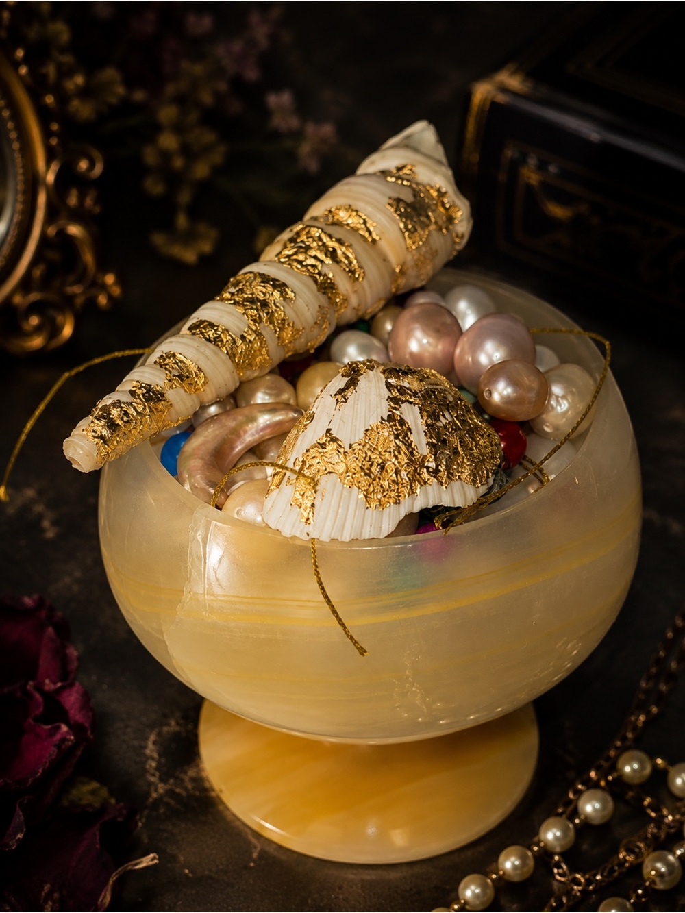 Onyx Decorative Pedestal Bowl with Gold-Accented Shells and Precious Beads